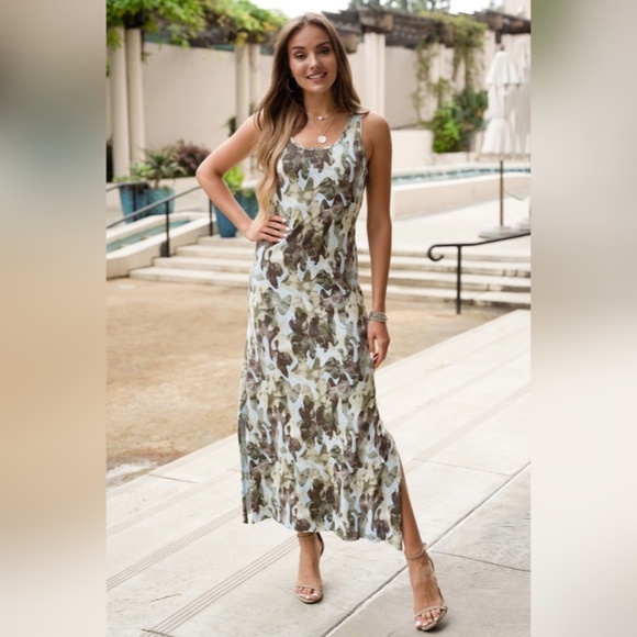 (8391-DIST) DISTRESSED CAMOUFLAGE RAZOR BACK MAXI DRESS - Picture 1 of 5